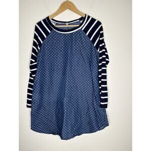 Flamingo Urban Womens Size M Tunic Top Chambray Mixed Fabric Polka Dot Striped